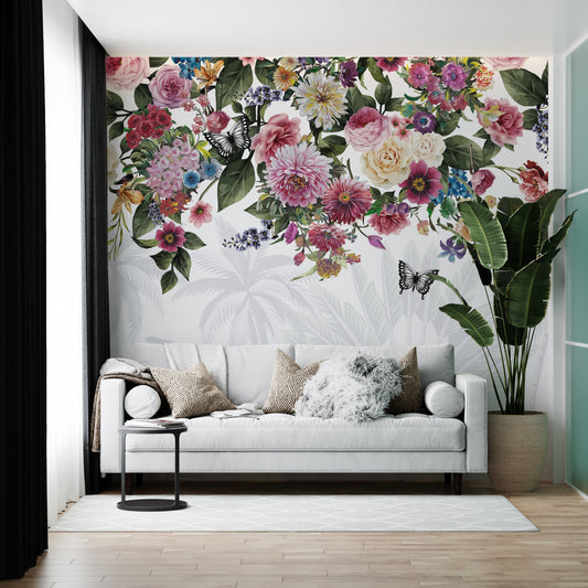 Melli Mello High on love light white photowall wallpaper floral jungle bombastic colorful bold deco eyecatcher be different living room deco 