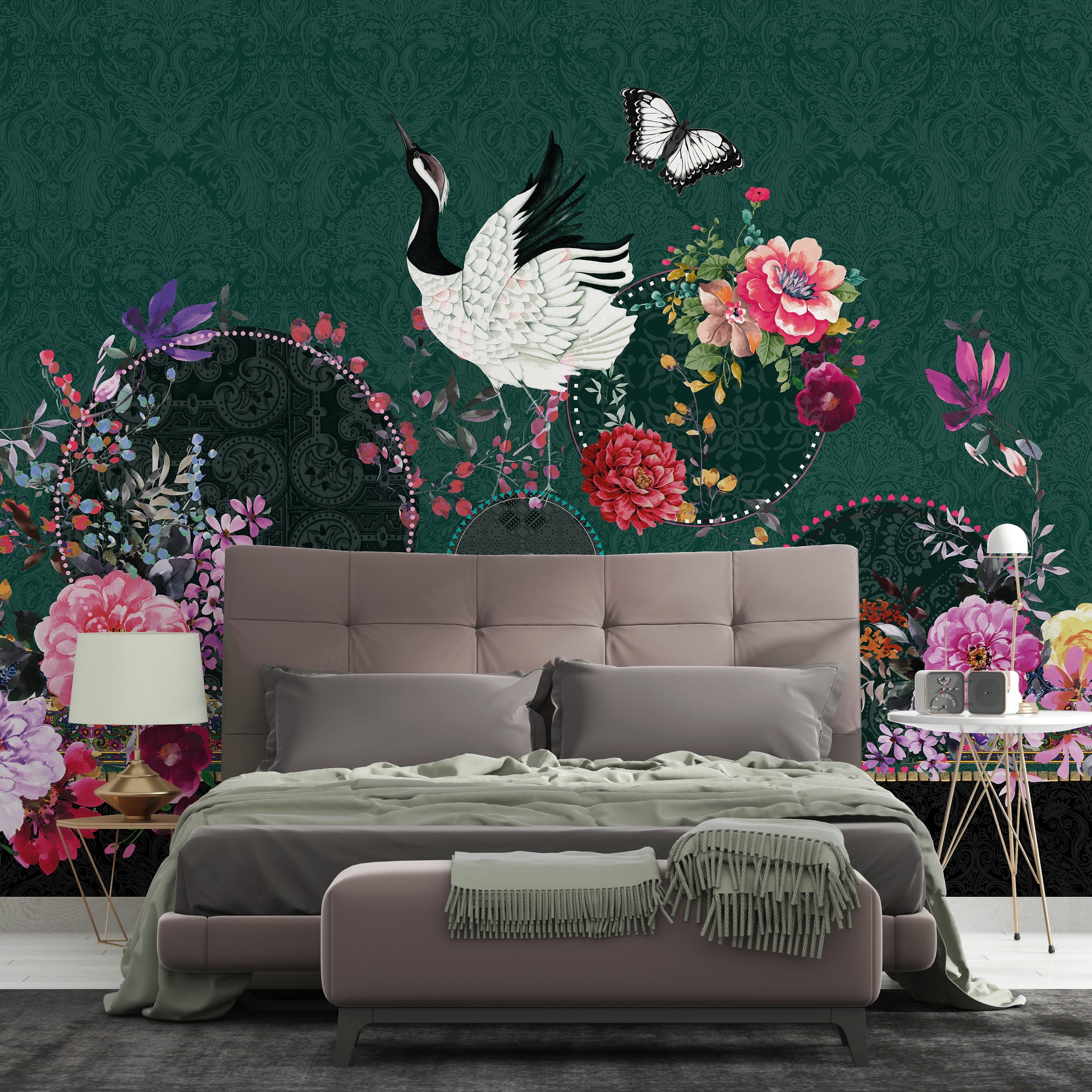 Melli Mello Craney in paradise Wallpaper crane floral colorful green deco eyecatcher be different bed room deco 