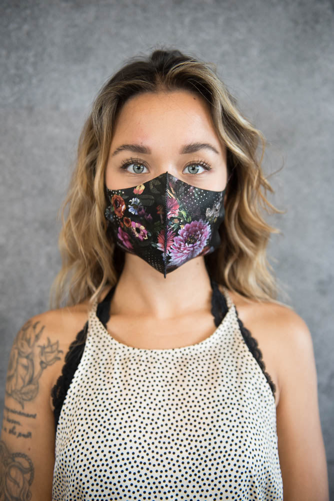 Melli Mello Rock & rose black and white dotted floral mouth mask high quality waterproof UV protection Air filtration PM2.5 anti bacterial facemask with air filtration