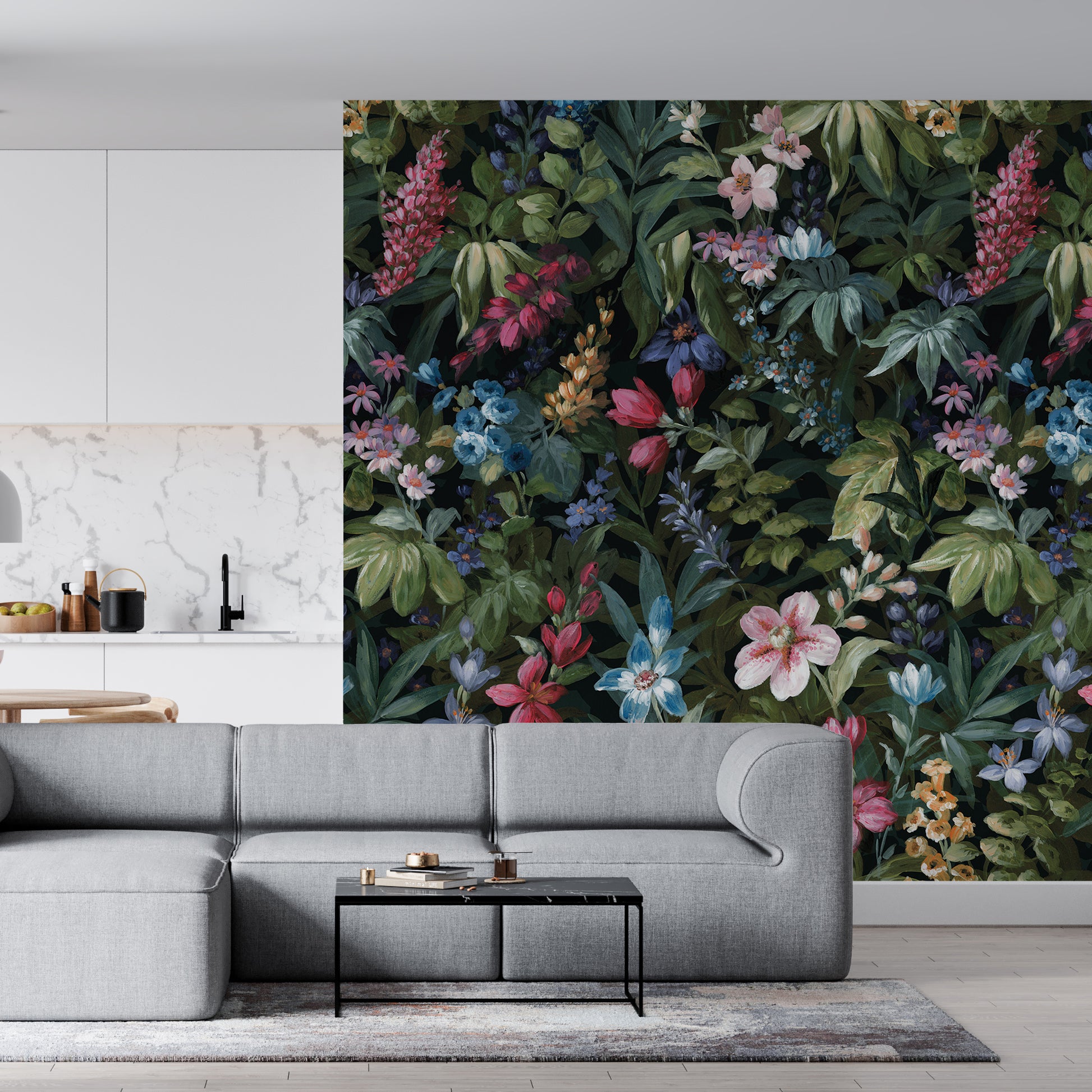 Melli Mello Bloom on baby floral dark photowall living room style interior inspiration characteristic style a corner beautiful wall
