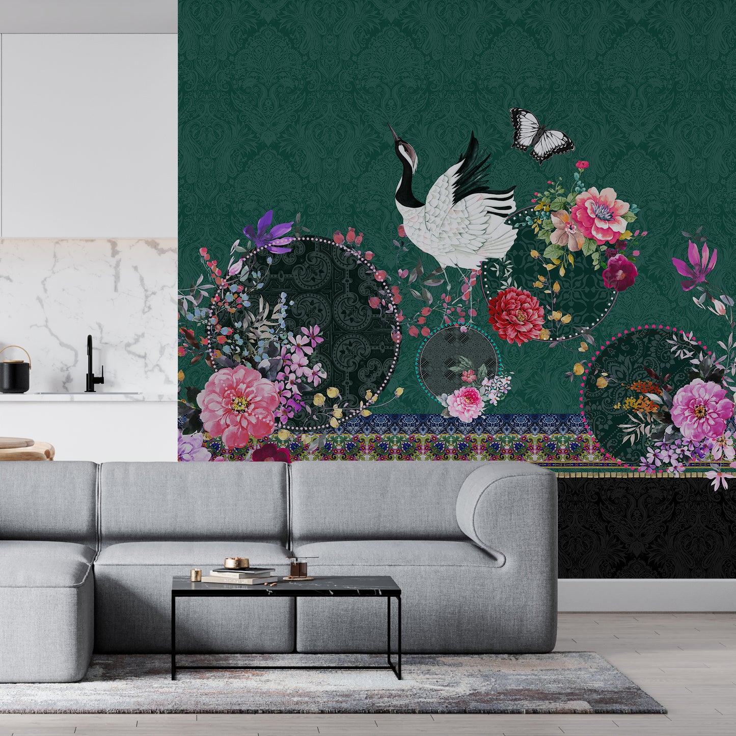 Melli Mello Craney in paradise Wallpaper crane floral colorful green deco eyecatcher be different living room deco style a corner