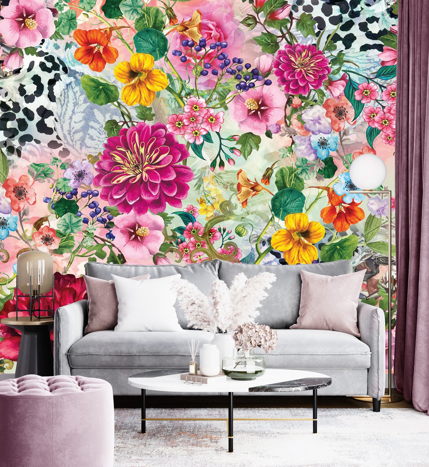 Melli Mello Floral attraction photowall wallpaper floral bombastic animal print bold deco eyecatcher be different living room deco 