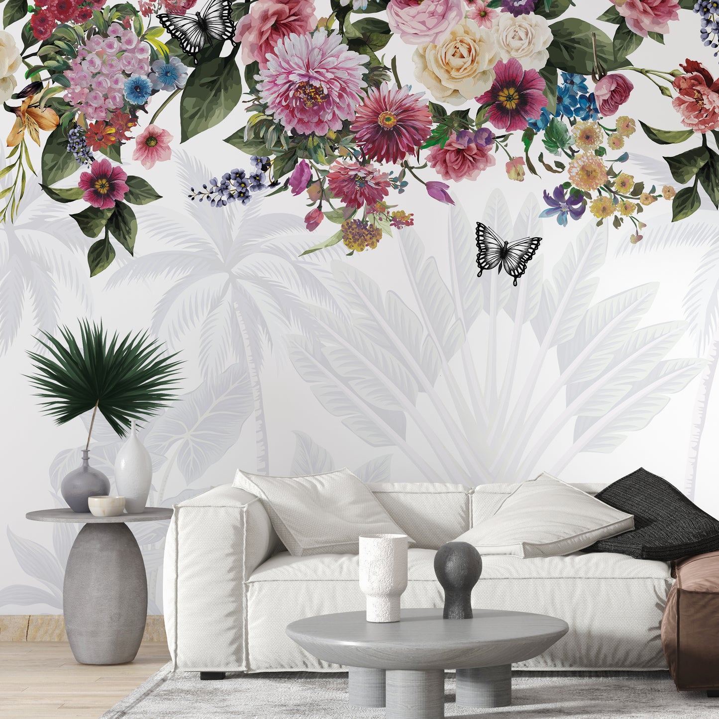 Melli Mello High on love light white photowall wallpaper floral jungle bombastic colorful bold deco eyecatcher be different living room deco 